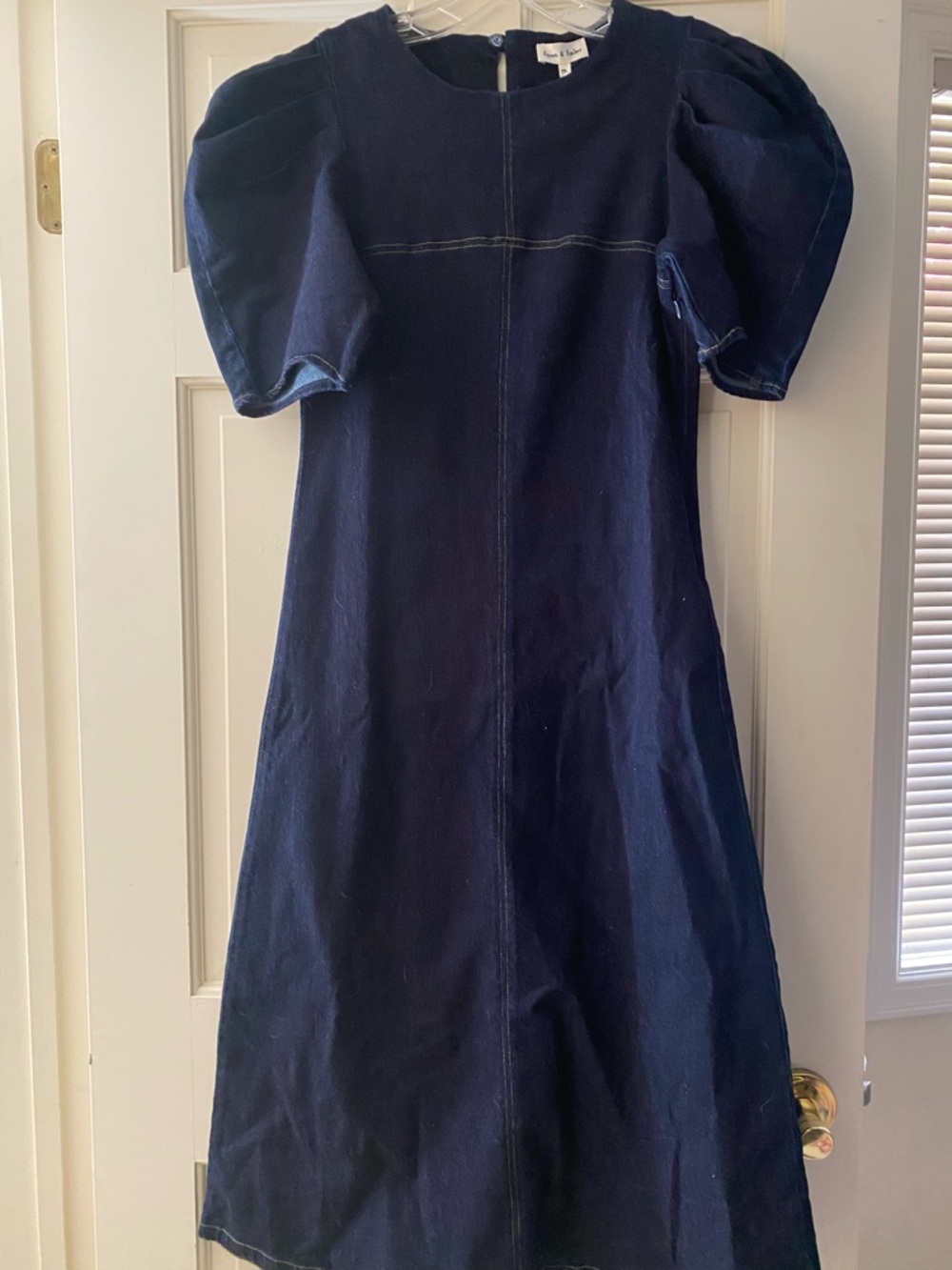 Navy Puff-Sleeve Midi Dress